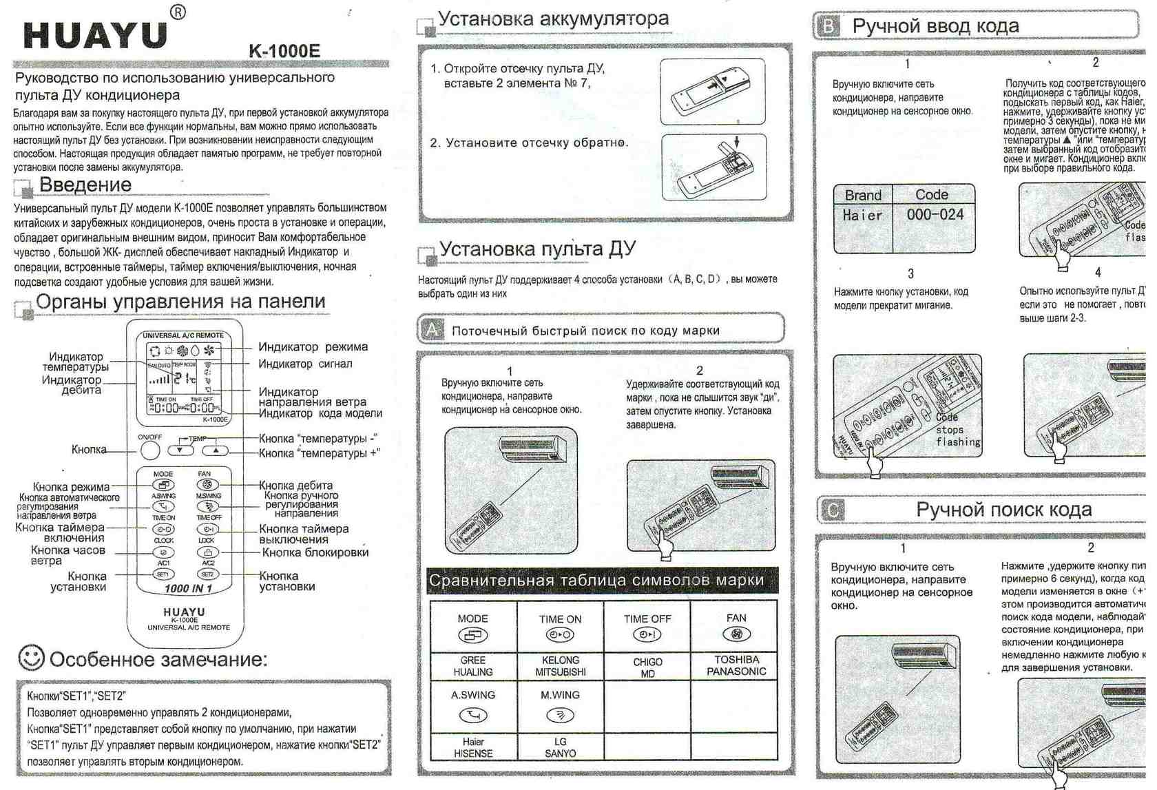 Пульт для кондиционера Panasonic, HUAYU K-PN1122